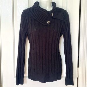 Black Cable Knit Button Collar Women’s Sweater